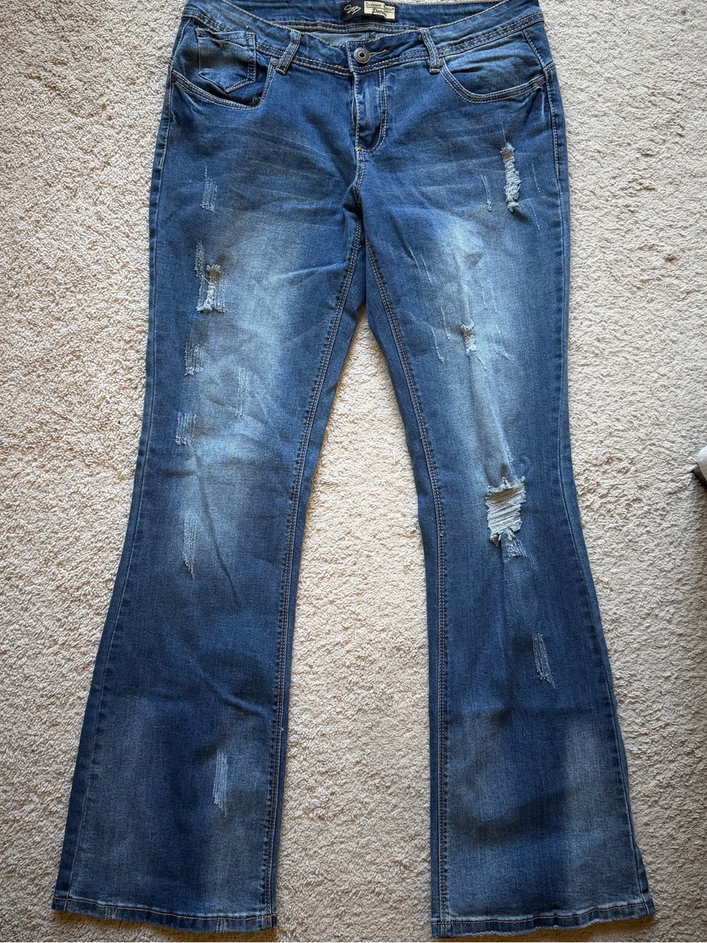 Suzanne Betro Distressed Medium Blue Flare Jeans